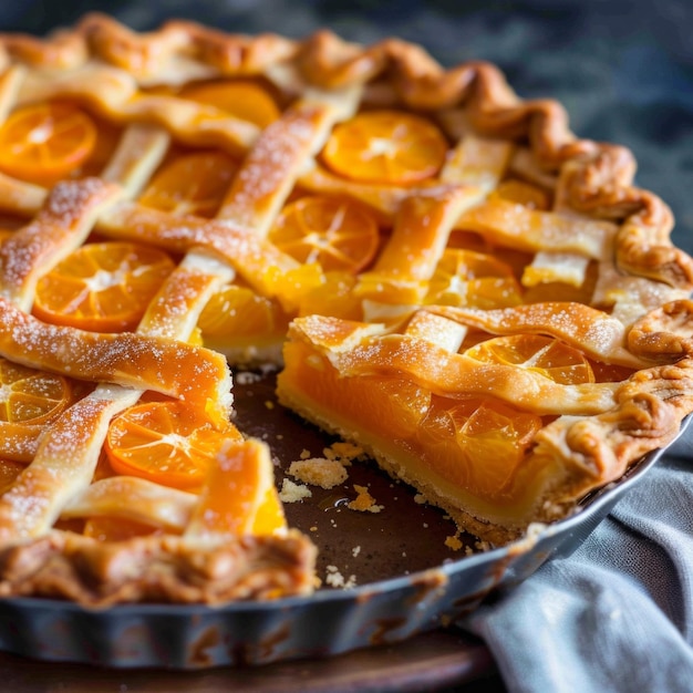 A pie with a lattice crust and orange slices on top