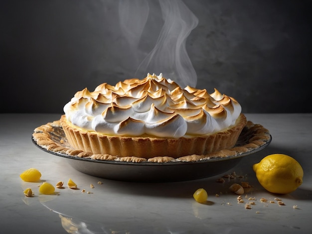 a pie with a lot of cream on it and a plate with a lemon wedge on it