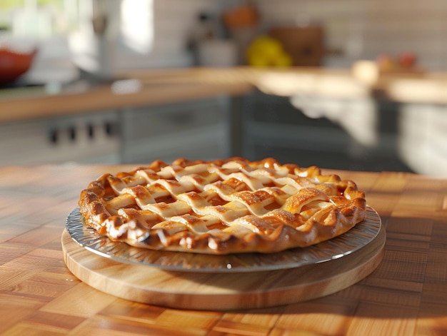 a pie with a piece of pie on a wooden platter