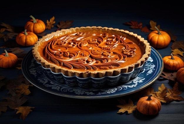 a pie with pumpkin in it leaves and cinnamon