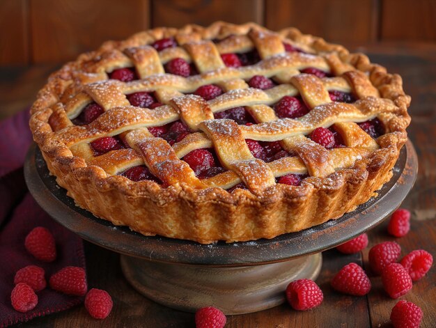 a pie with raspberries and a pie on a plate