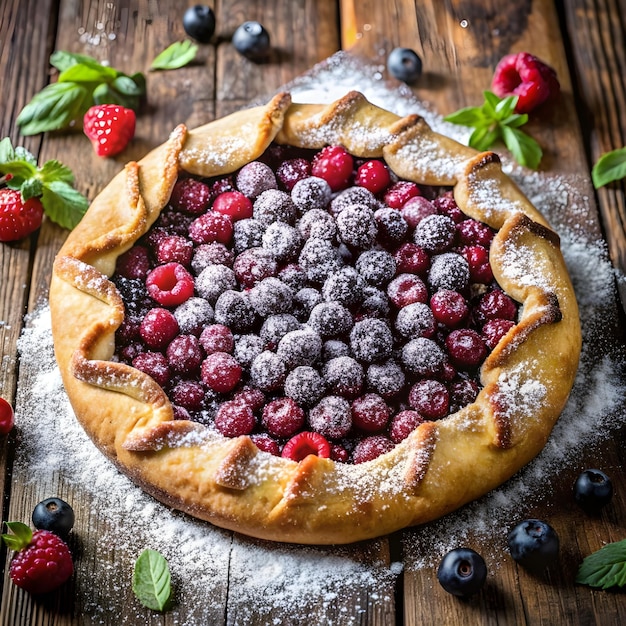 a pie with raspberries on a wooden table