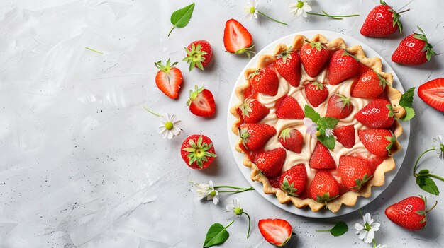 Photo a pie with strawberries on a plate with a white plate with a strawberry on it