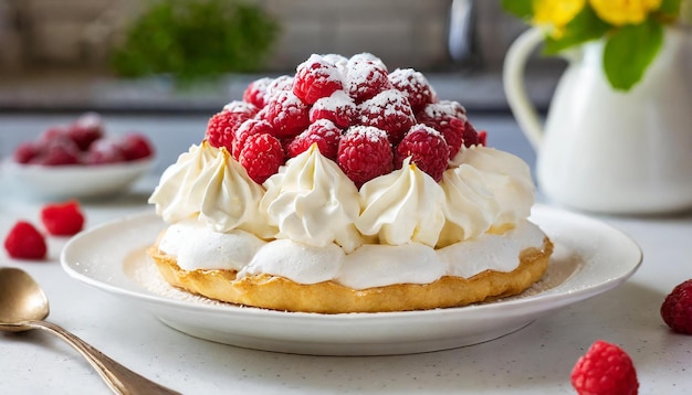 Pie with whipped cream and fresh raspberries on white table Tasty dessert with berries Sweet food