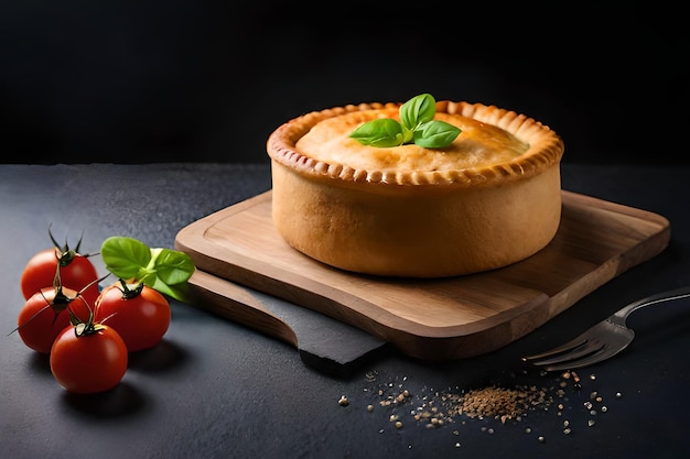 A pie on a wooden board with a fork and tomatoes on the side.