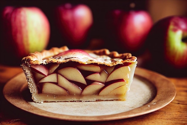 Piece of apple pie with fruit on table on blurry background