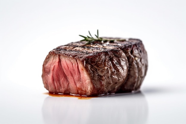 A piece of beef with a sprig of rosemary on it