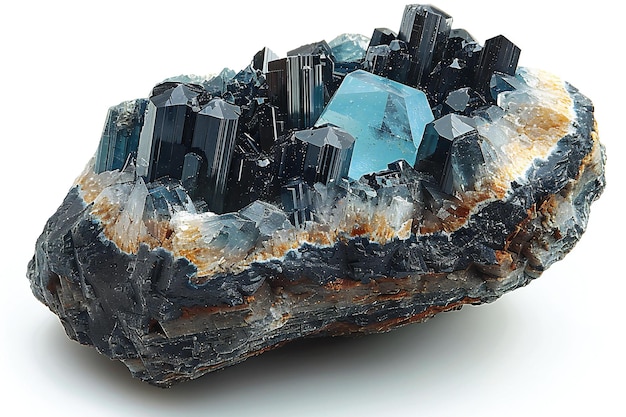 A piece of black tourmaline with an aquamarine crystal in it on a white background in a photoreali