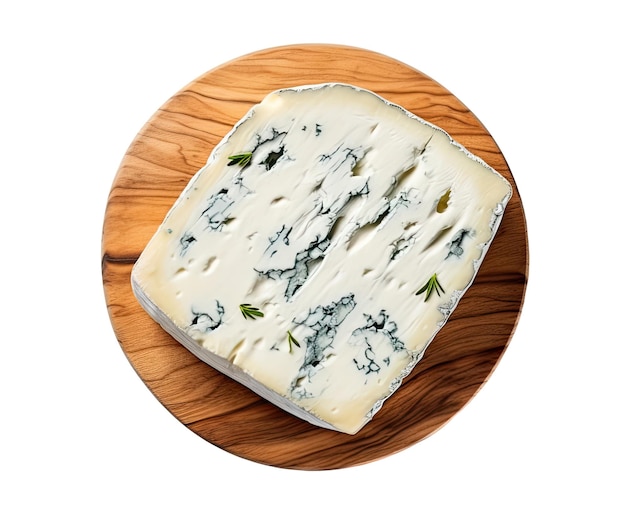 Piece of blue cheese on cutting board isolated on white background