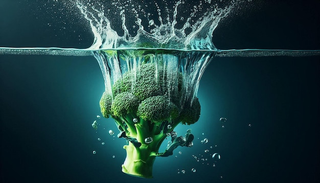 a piece of broccoli is floating in the water with a piece of broccoli