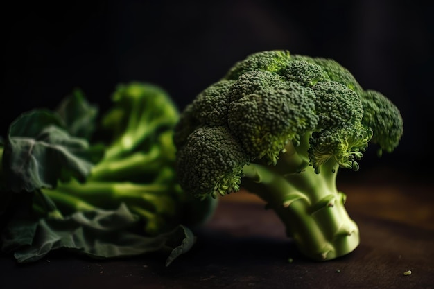 A piece of broccoli is next to a head of broccoli.