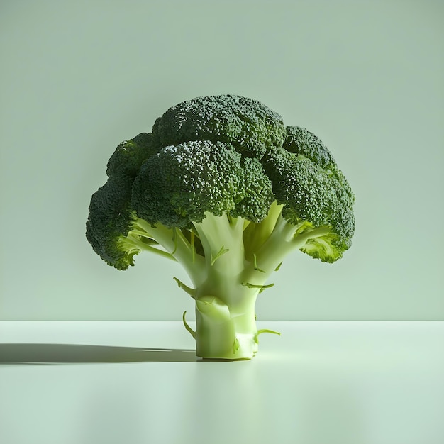 A piece of broccoli sits on a table