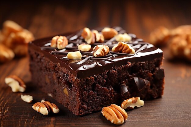 A piece of brownie cake with chunks and melted chocolate on a white plate