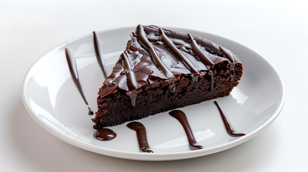 a piece of brownie cake with melted chocolate on a white plate on a white background