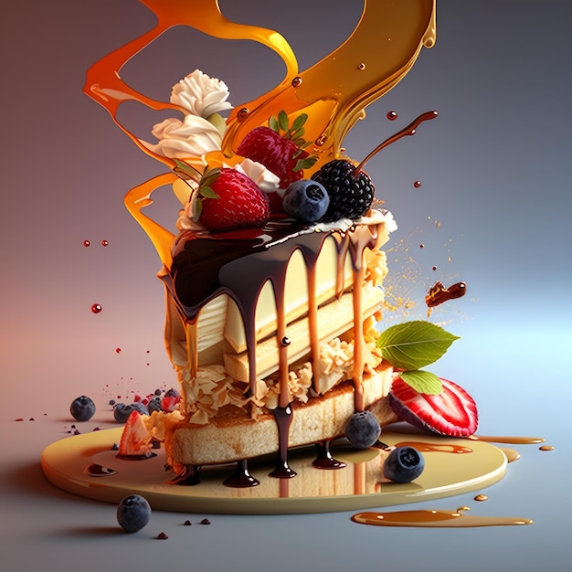 Piece of cake is being drizzled with chocolate and berries Generative AI