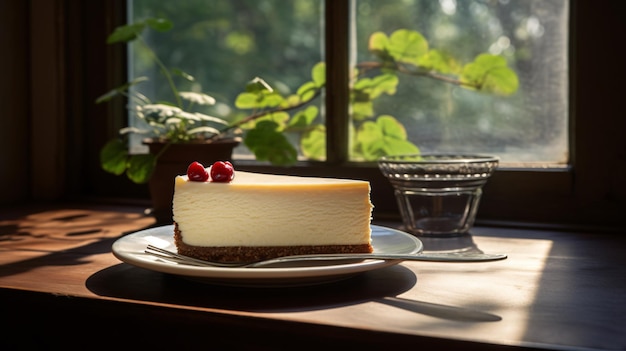 Photo a piece of cake sits on a plate next to a potted plant