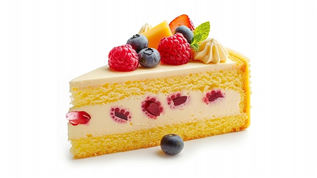 a piece of cake with berries and berries on top of it