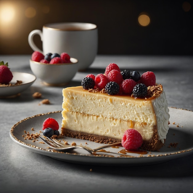 a piece of cake with berries and a cup of coffee