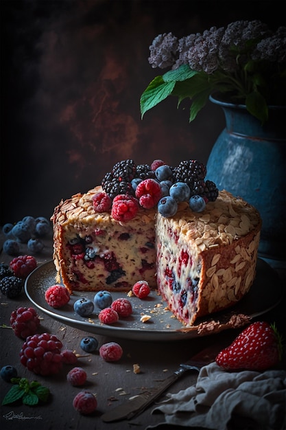 A piece of cake with berries on it