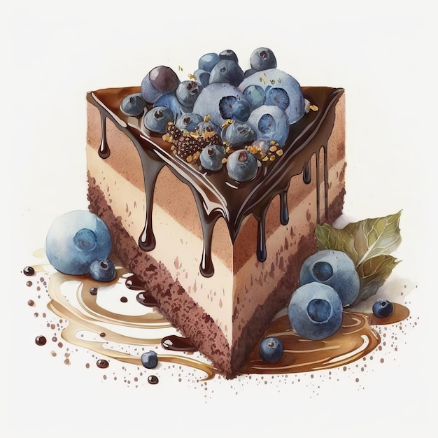 A piece of cake with blueberries and chocolate on a light background watercolor Generative AI