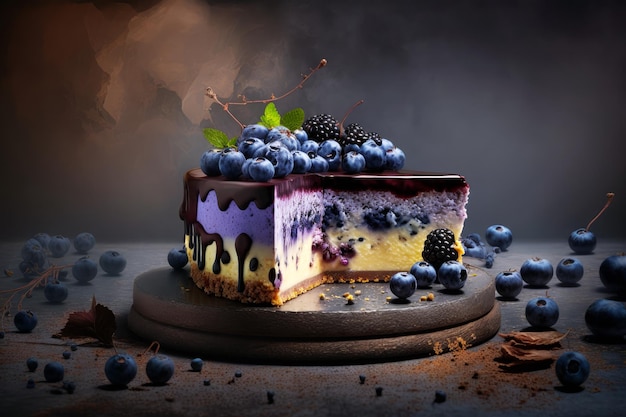 Piece of cake with blueberries on top Generative AI