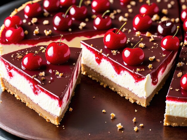 A piece of cake with cherries on it