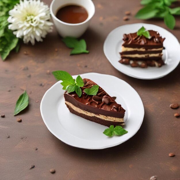 a piece of cake with chocolate and coffee on a table