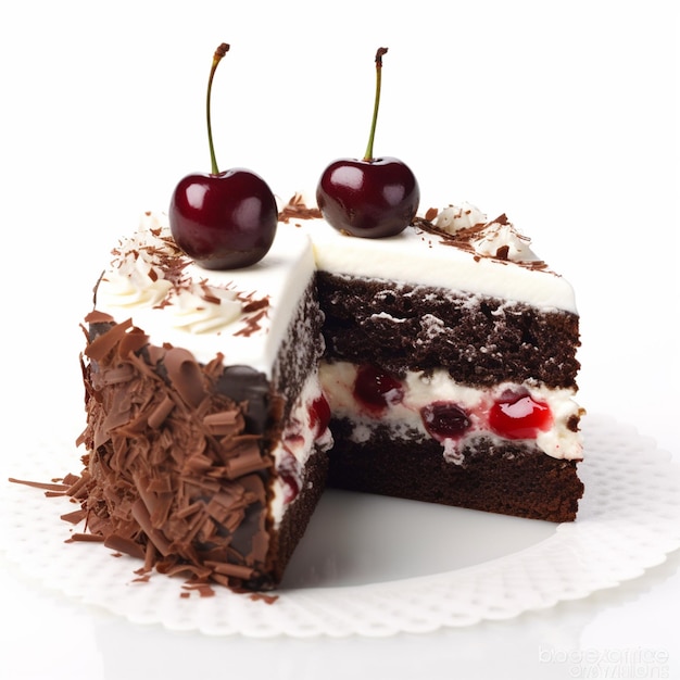 A piece of cake with chocolate frosting and cherries on top.