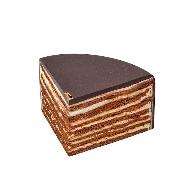 A piece of Cake with chocolate and honey cakes and sour cream isolated on white