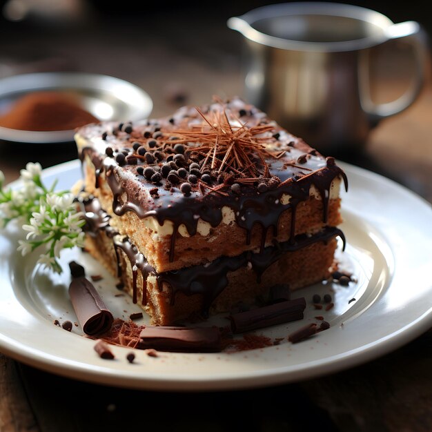 piece of cake with chocolate icing and a chocolate piece of cake on a plate