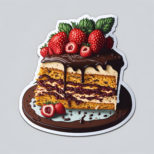 A piece of cake with chocolate icing and strawberries on it.