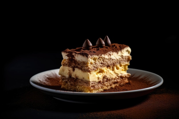 A piece of cake with chocolate on the top and a black background.