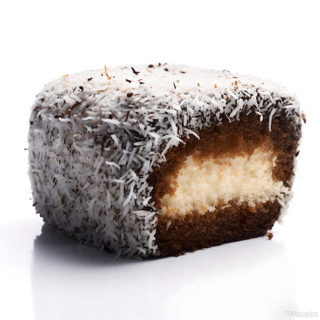 A piece of cake with coconut on it