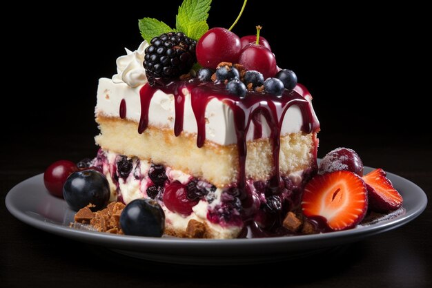 Piece of cake with fresh berries on a plate on a dark background