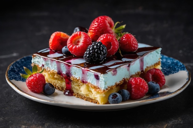 Piece of cake with fresh berries on a plate on a dark background