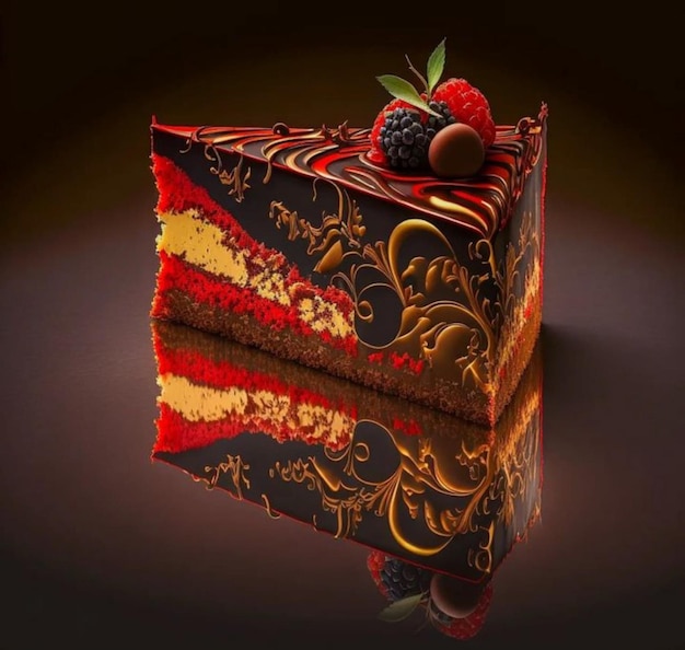 A piece of cake with a fruit on it