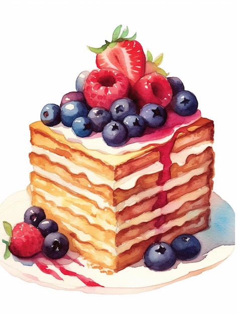 A piece of cake with fruit on top of it