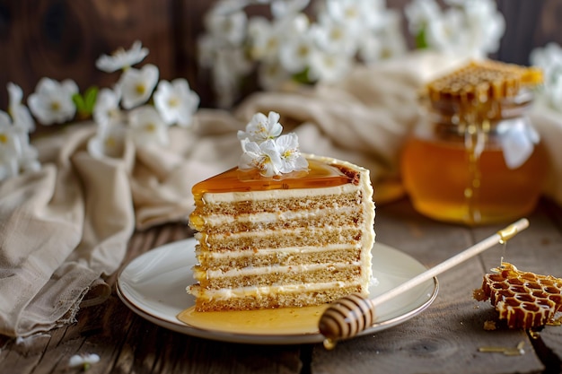 Photo a piece of cake with honey on top