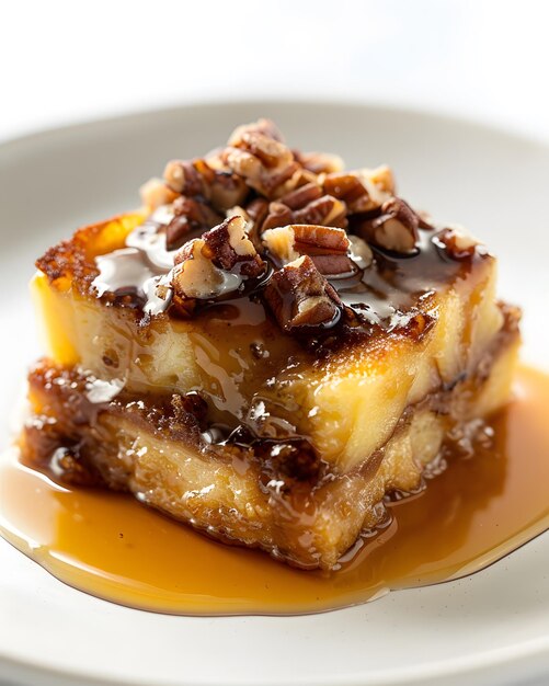 a piece of cake with nuts and caramel sauce on it