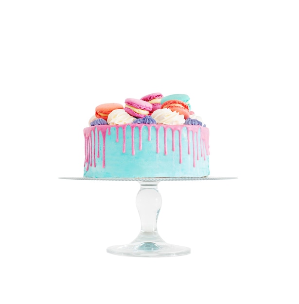 Piece of cake with pink and blue decor isolated on  white background