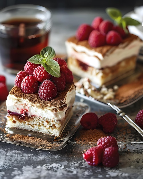 Photo a piece of cake with raspberries on it and a spoon next to it