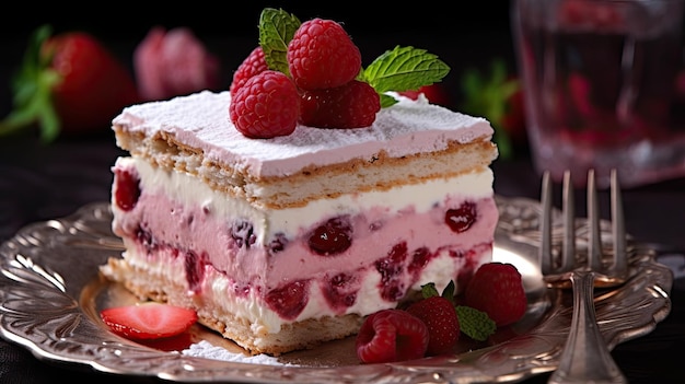 a piece of cake with raspberries and mint leaves on a silver plate