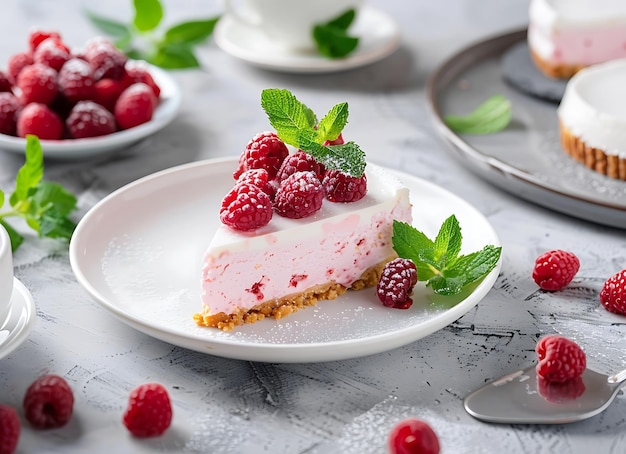 Photo a piece of cake with raspberries and a spoon on a table