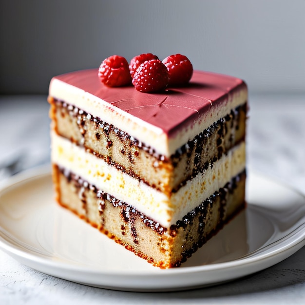 a piece of cake with raspberries on top of it