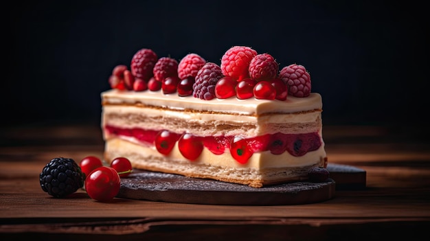 A piece of cake with raspberries on top