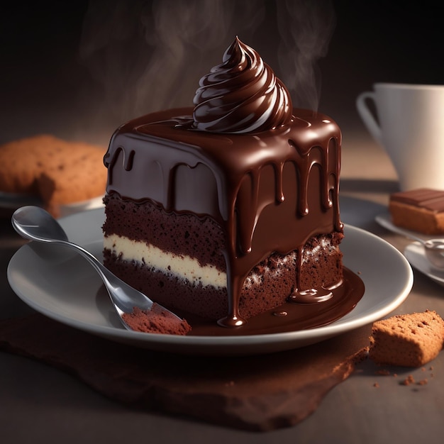 A piece of cake with a spoon on a plate with a chocolate frosting.