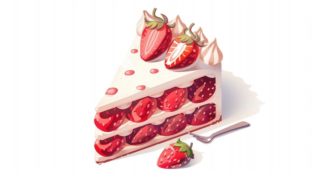 a piece of cake with strawberries and a wooden spoon