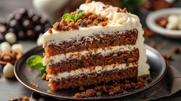 a piece of cake with white frosting and a green leaf on top