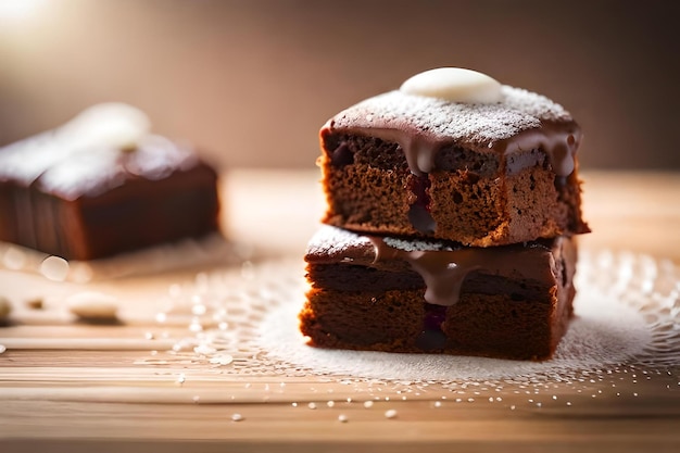 A piece of cake with a white icing and a piece of cake on the table