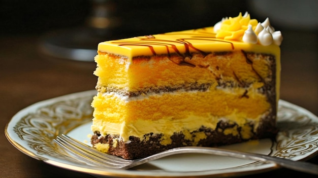 A piece of cake with yellow and orange icing on it